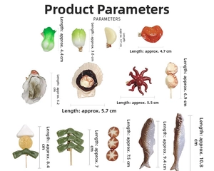 Detail view of 13 food-shaped resin hair clips with specific length measurements