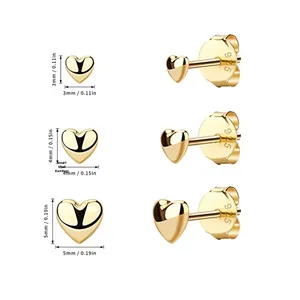 Size guide showing 3mm, 4mm, and 5mm heart-shaped S925 sterling silver stud earring dimensions