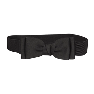 Elastic black wide waist belt for women featuring a large decorative satin bow design
