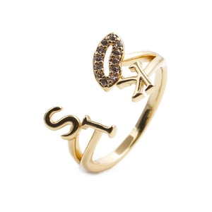 Minimalist gold open ring featuring letter design and sparkling cubic zirconia accents