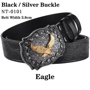 Detail of western belt buckle with silver eagle relief and 3.8cm wide black strap