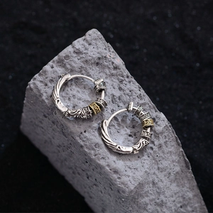 Retro Relief Hoop Earrings Copper Silver Plated Two Tone Gold Prayer Wheel Pattern Ethnic Style For Women
