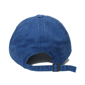 Detail view of the royal blue washed cotton baseball cap with adjustable metal buckle back