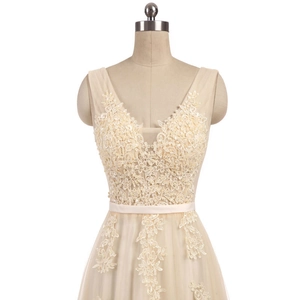 Elegant champagne V-neck lace evening gown with beaded floral appliques and tulle skirt
