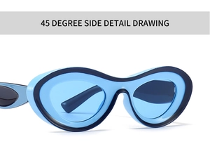 Detailed 45-degree side view of modern sunglasses with light blue frame and dark blue lenses