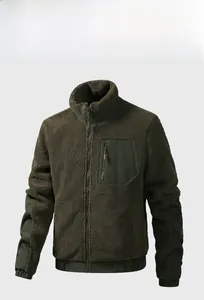 Detailed view of olive green teddy fleece jacket with contrast chest pocket and zipper