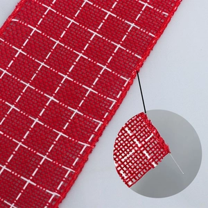 Red wired edge plaid Christmas ribbon with rustic linen texture for gift wrapping