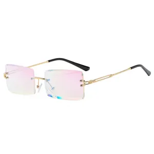 Frameless square sunglasses with pink-purple gradient lenses and gold metal frames