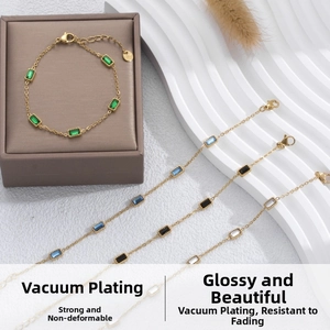 Detailed view of rectangular zircon bracelets with 18K gold plating in four colors