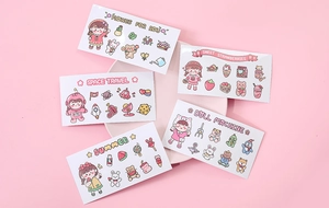 Close-up of five cute cartoon waterproof PVC stickers for water bottles and journals