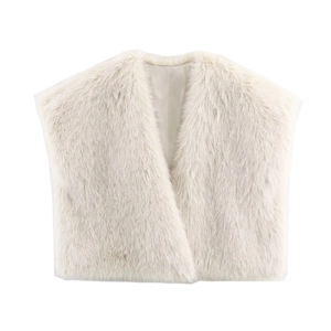 Chaleco De Piel Sintética Para Mujer Sin Mangas Color Sólido Cuello En V Felpa Casual Exterior Retro Moda