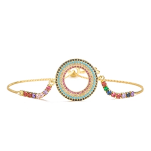 Detailed shot of 18K gold plated bracelet with colorful cubic zirconia and adjustable chain