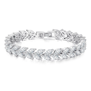 Macro detail of marquise cut white zircon leaf bracelet with polished silver finish