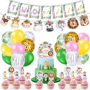 TWO WILD Jungle Animal Party Decoration Set Bohemian Floral Banner Cake Toppers Balloons For Second Birthday Celebration
