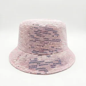 Pink sequin reversible bucket hat for women with sun protection and size specifications