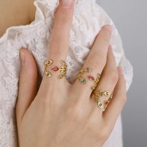 Adjustable 18K gold plated stainless steel leaf rings with colorful zircon stones