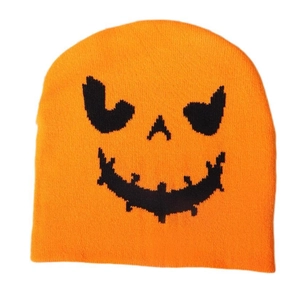Knitted orange Halloween pumpkin face beanie hat for men and women cozy winter headwear
