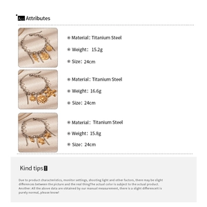 Detailed specs for stainless steel ocean theme bracelets featuring charms and 24cm chain