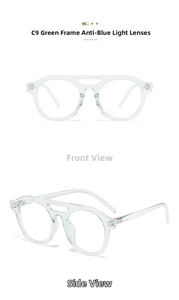 Detail of round frame blue light glasses in transparent green with double bridge