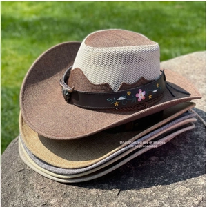 Stacked outdoor wide brim sun hats with floral embroidery and breathable mesh crown