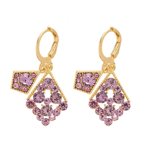 Vintage geometric gold earrings with purple crystal rhinestones in rhombic drop design