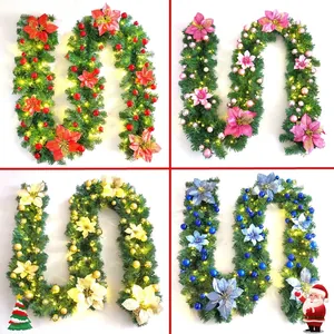 Christmas Garland Decorative Vine With LED Lights Poinsettia Flowers And Balls For Fireplace Stairs Party Home Decor