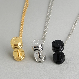 Barbell pendant necklaces for fitness in gold, silver, and black polished metal finish