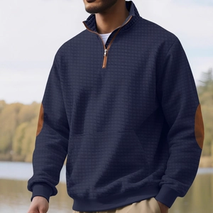 Men's navy blue quilted quarter-zip sweatshirt with brown faux leather elbow patches