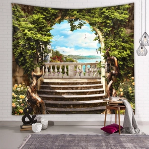 Detail of Mediterranean landscape tapestry featuring lush flowers and a clear blue sea view