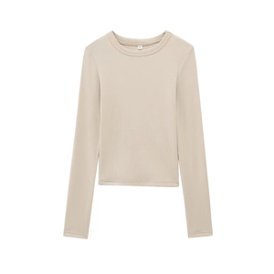 Beige ribbed long sleeve t-shirt with crew neck and slim fit modal fabric design