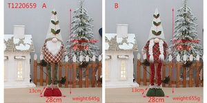 Detail view of 90cm retractable fabric Christmas gnomes in festive red and green plaid outfits