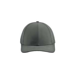 Detail of dark grey quick-dry baseball cap with laser-cut side ventilation holes