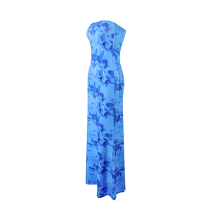 Detail view of a slim fit strapless maxi dress with blue abstract print and floor length