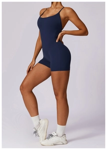 Navy blue quick-dry athletic romper featuring thin straps and slim fit for yoga