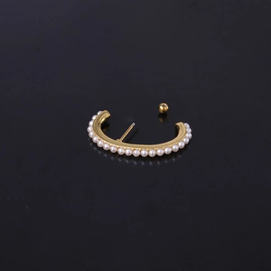 Gold-plated stainless steel curved bar stud earring with elegant white pearls for women