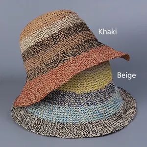Foldable handmade crochet sun hats in khaki and beige stripes for women's summer travel