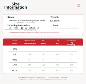 Guide des tailles détaillé pour short de sport sans couture avec mesures et tissus
