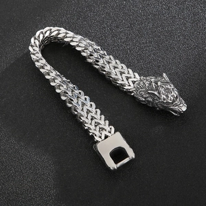 Vintage 304 stainless steel wolf head bracelet with heavy double-row woven chain link