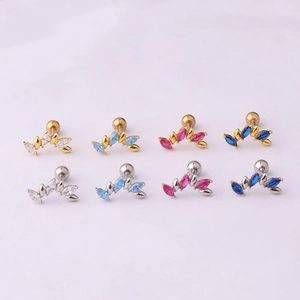 Set of 8 stainless steel leaf stud earrings with colorful zircon stones in gold and silver