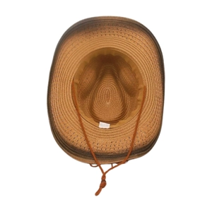 Détail de l'intérieur du chapeau de paille avec cordon réglable et texture tressée