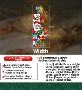 Size chart for Christmas static window stickers featuring Santa Claus and snowman motifs