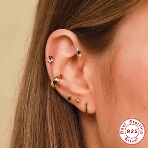 S925 sterling silver geometric ear piercing set with black zircon stones in gold finish
