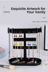 Three-tier black T-bar jewelry stand organizer for necklaces and bracelets with tray