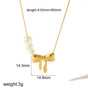 Elegant 18k gold plated bow necklace with white pearls and size specifications