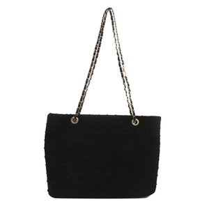 Black large capacity woven tote bag with gold chain shoulder straps and minimalist design