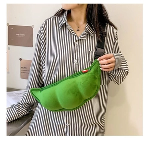 Creative green plush pea pod shaped crossbody bag shown on model with adjustable strap