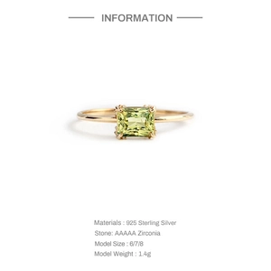Detailed specs for gold 925 sterling silver ring with square green opal stone and zircon