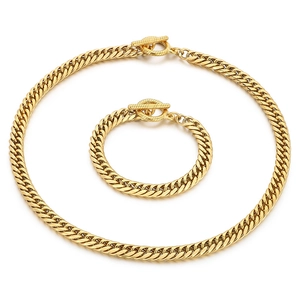 Men's gold-plated stainless steel Cuban link necklace and bracelet set with T-bar closures