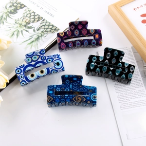 Rectangular Hair Claw Clip Evil Eye Print Vintage Acetate Large Shark Clip Bohemian Ethnic Hairpin Accessory For Women