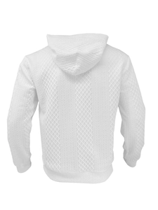 Back view of a white hooded sweatshirt with 3D embossed knit texture and soft fabric detail